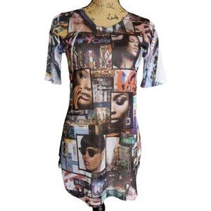 VTG Womens M New York Collage Graphic Tunic Mesh Urban Artsy Hip Hop